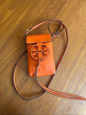 Tory Burch Orange Leather Logo Crossbody Phone Pouch